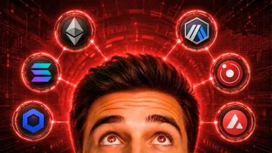 Man looking up at top altcoin logos on glowing red background.