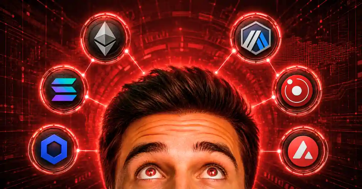Man looking up at top altcoin logos on glowing red background.