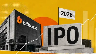 Bithumb building beside an IPO sign and a 2028 flag.