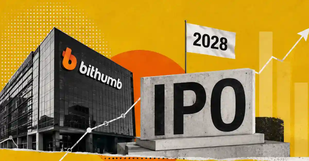 Bithumb building beside an IPO sign and a 2028 flag.