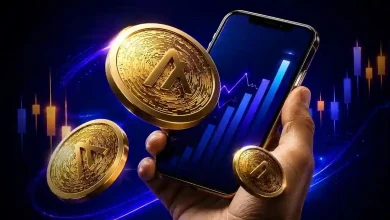 Hand holding smartphone displaying stock growth chart next to Algorand coins.