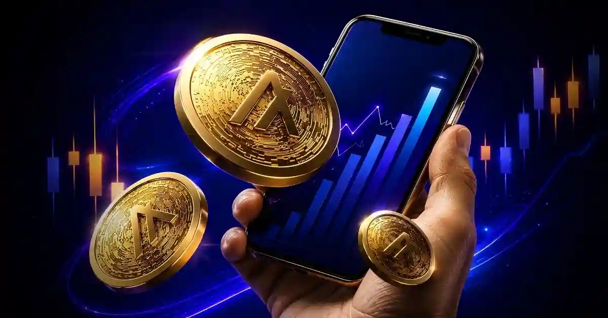 Hand holding smartphone displaying stock growth chart next to Algorand coins.