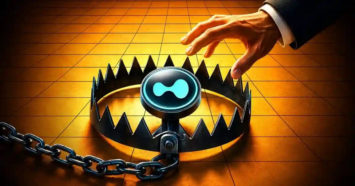 Hand reaching toward a Hyperliquid token set inside a steel bear trap.