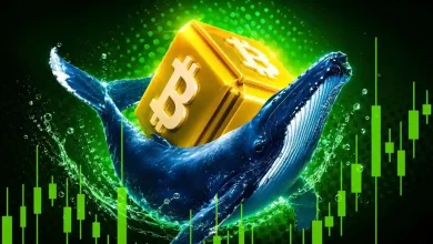 Blue whale carrying a golden Bitcoin block beside green candlestick charts.