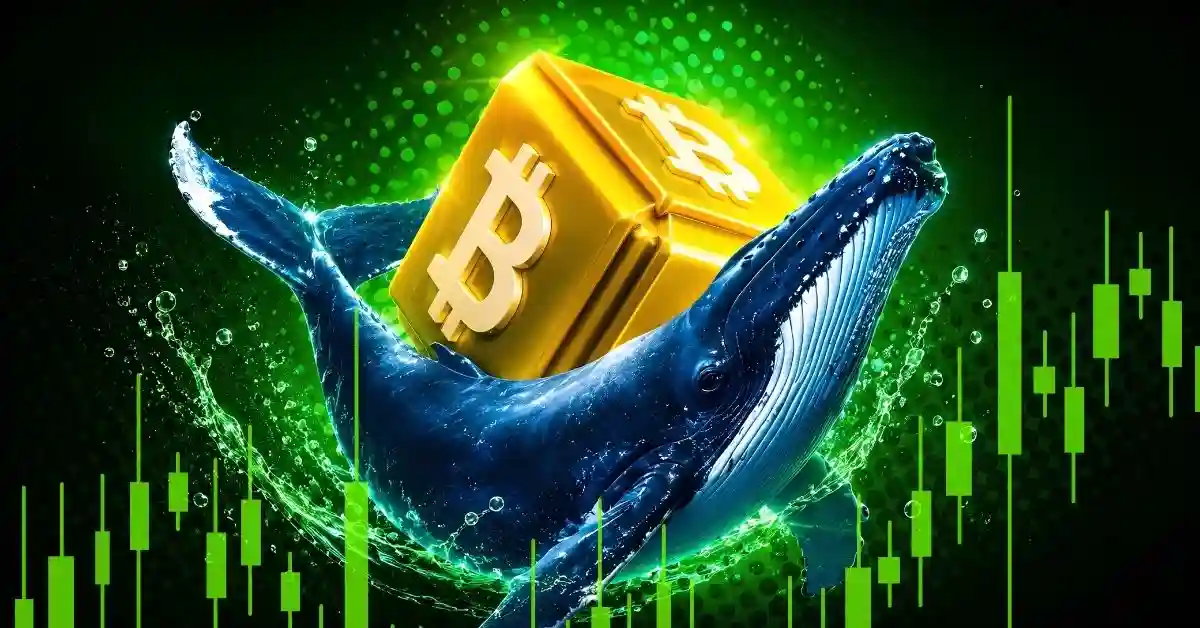 Blue whale carrying a golden Bitcoin block beside green candlestick charts.