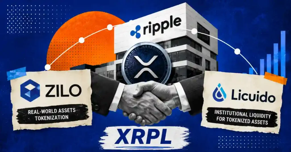 Two hands shaking below Ripple logo with Zilo and Licuido text graphics.