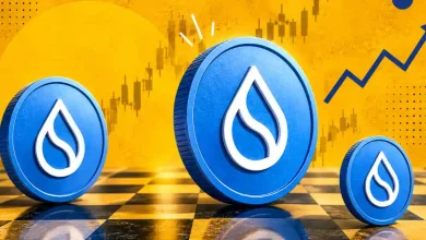 Three blue Sui crypto coins on a chessboard with a rising trend arrow.