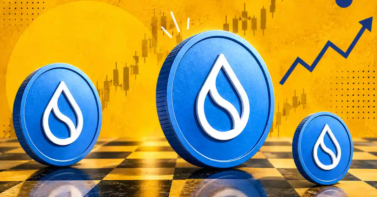 Three blue Sui crypto coins on a chessboard with a rising trend arrow.