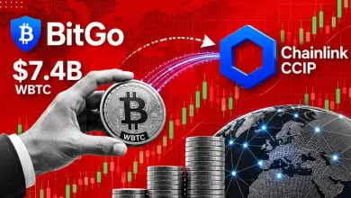 Hand holding a WBTC coin pointing toward the Chainlink CCIP logo on a red chart.