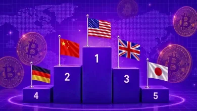 National flags on a numbered podium surrounded by Bitcoin coins.