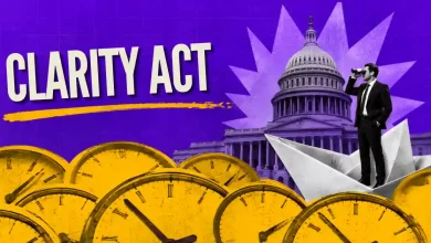 Man on paper boat with binoculars in front of Capitol and clocks.