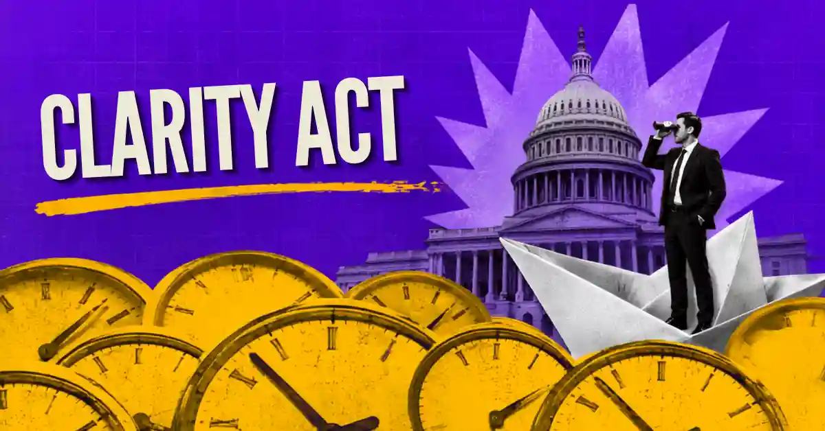 Man on paper boat with binoculars in front of Capitol and clocks.