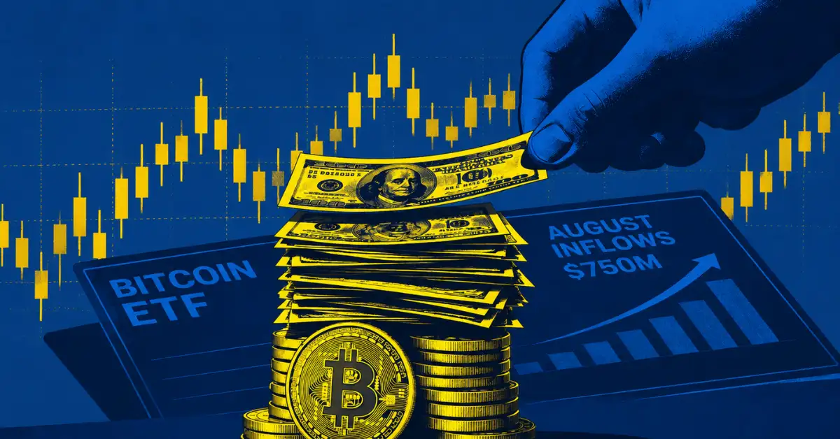 Hand placing cash onto Bitcoin coins in front of Bitcoin ETF screen.