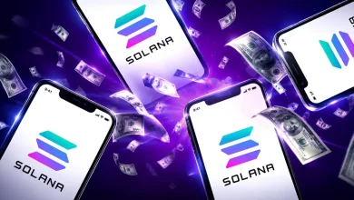 Smartphones displaying the Solana logo floating amidst falling cash notes.