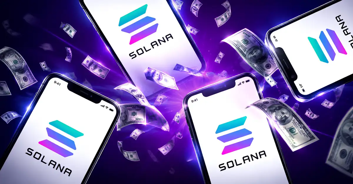 Smartphones displaying the Solana logo floating amidst falling cash notes.
