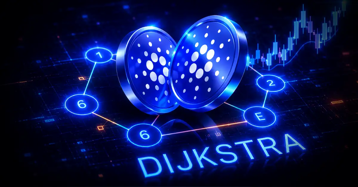Cardano coins over a network node graphic labeled Dijkstra next to a chart.