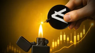 Hand holding an Algorand bomb token over a lighter flame and a rising chart.