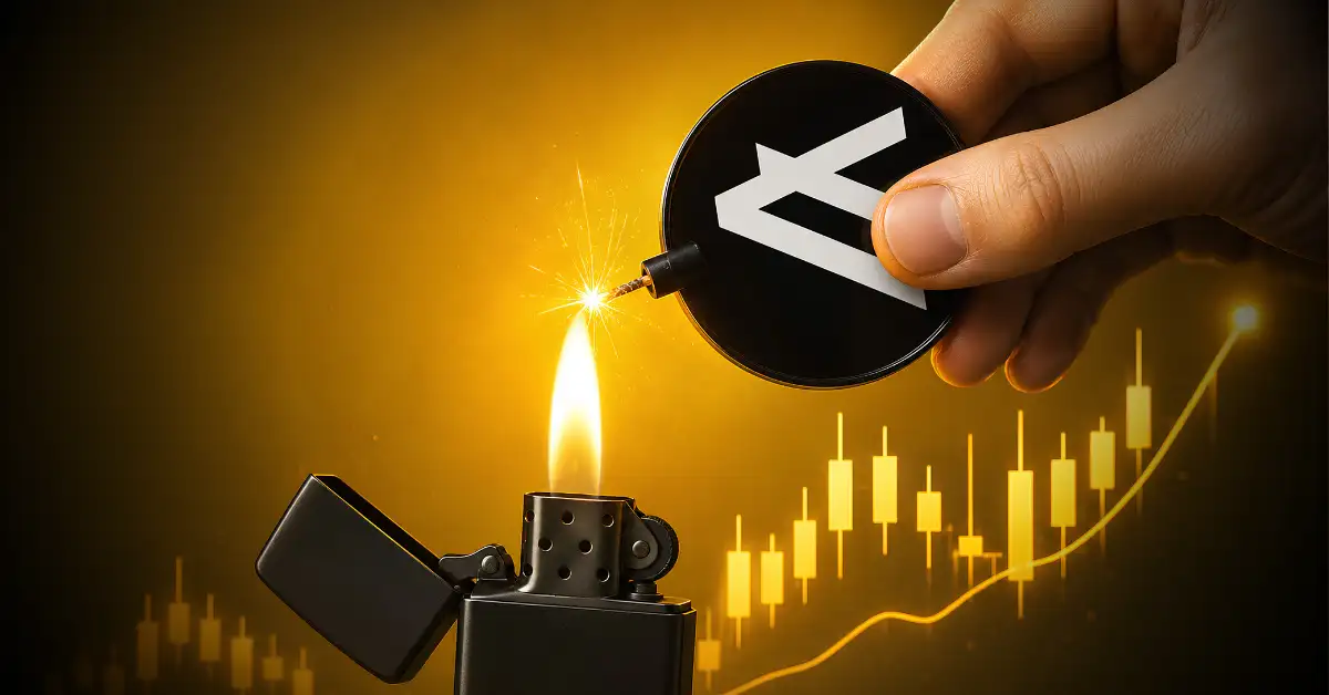 Hand holding an Algorand bomb token over a lighter flame and a rising chart.