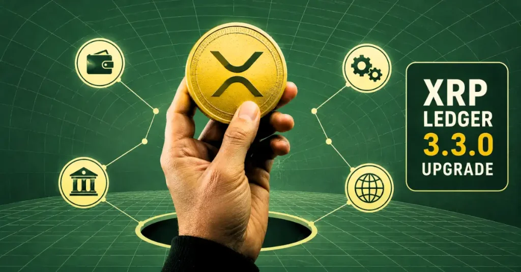 Hand holding gold XRP coin next to XRP Ledger 3.3.0 Upgrade text.