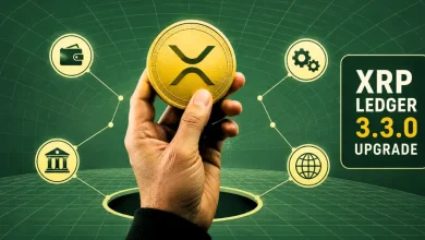 Hand holding gold XRP coin next to XRP Ledger 3.3.0 Upgrade text.