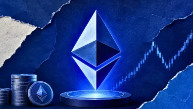 Glowing Ethereum logo on a pedestal next to stacked coins and a rising chart.