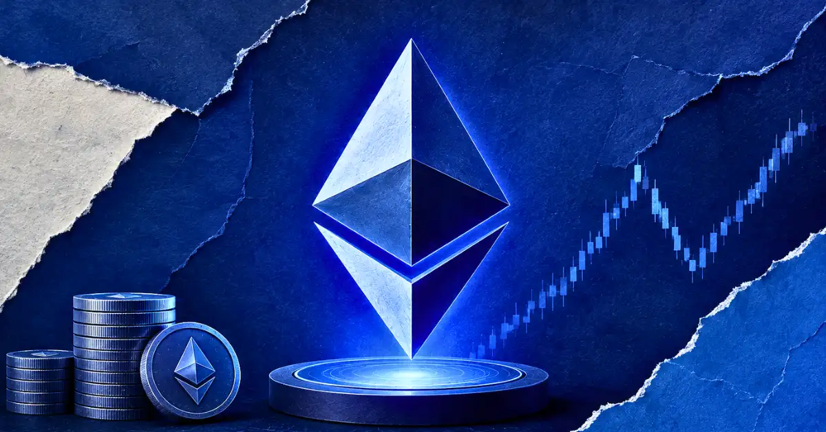 Glowing Ethereum logo on a pedestal next to stacked coins and a rising chart.