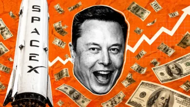 Elon Musk with SpaceX rocket and flying dollar bills against rising chart.