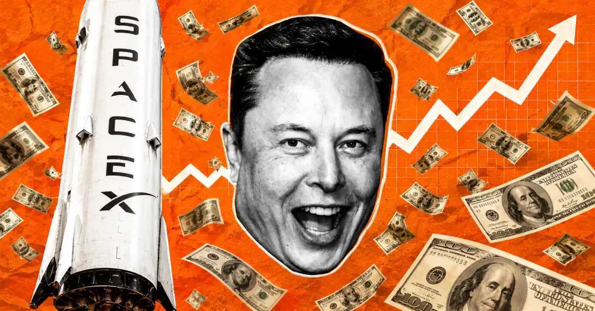 Elon Musk with SpaceX rocket and flying dollar bills against rising chart.