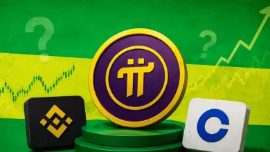 Pi Network coin placed between Binance and Coinbase logos with rising chart background.
