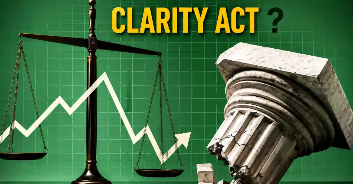 Scales of justice with falling market arrow next to a broken pillar.