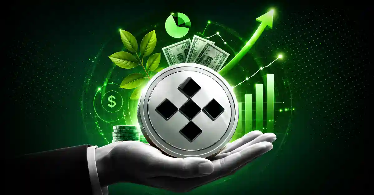 Hand holding OKB coin in front of green rising growth chart.