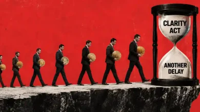 Businessmen carrying Bitcoin towards an hourglass labeled CLARITY Act.