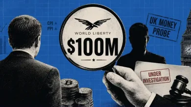 Person inspecting World Liberty $100M under investigation document with Big Ben.