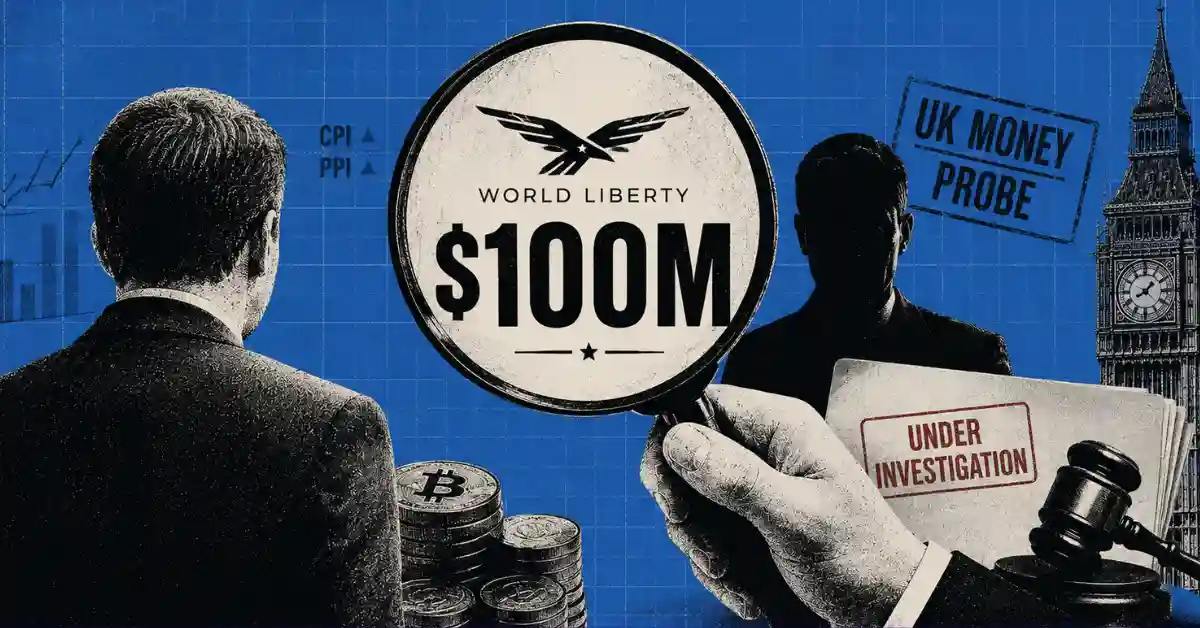 Person inspecting World Liberty $100M under investigation document with Big Ben.