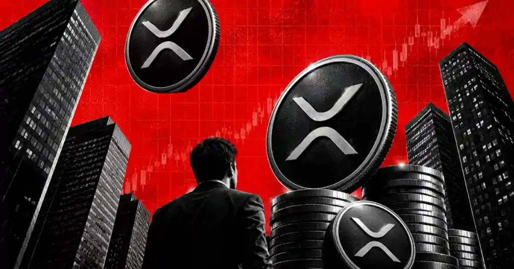 Person looking at XRP coins stacked among city skyscrapers against red chart.