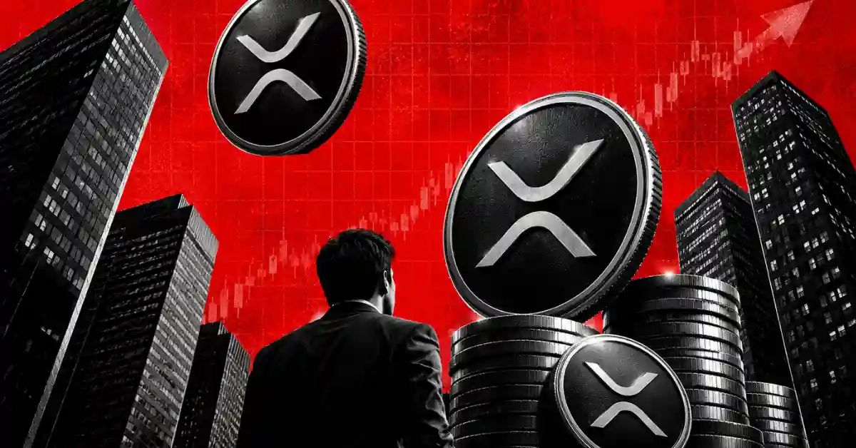 Person looking at XRP coins stacked among city skyscrapers against red chart.