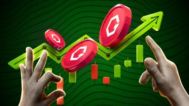 GateToken coins on an upward green trendline with candlestick charts.