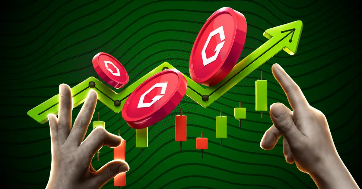 GateToken coins on an upward green trendline with candlestick charts.