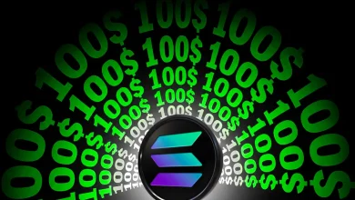 Solana logo surrounded by dollar signs on a dark background.