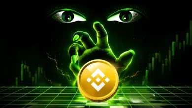 Glowing green hand reaching over a gold BNB token against a trading chart backdrop.