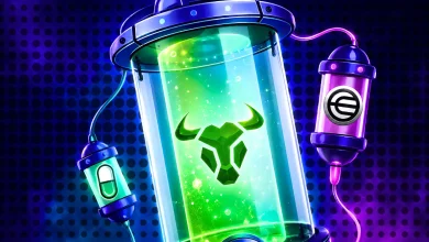 Glowing bull icon in a glass chamber connected to Worldcoin and Pump.fun capsules.