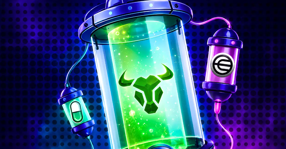 Glowing bull icon in a glass chamber connected to Worldcoin and Pump.fun capsules.