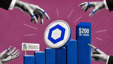 Chainlink coin on growth chart next to $200 by 2030 text and Standard Chartered logo.