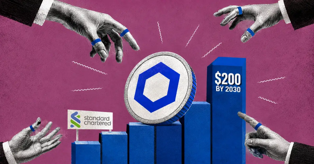 Chainlink coin on growth chart next to $200 by 2030 text and Standard Chartered logo.