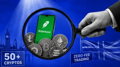 Magnifying glass on Robinhood phone and crypto coins with UK flag background.