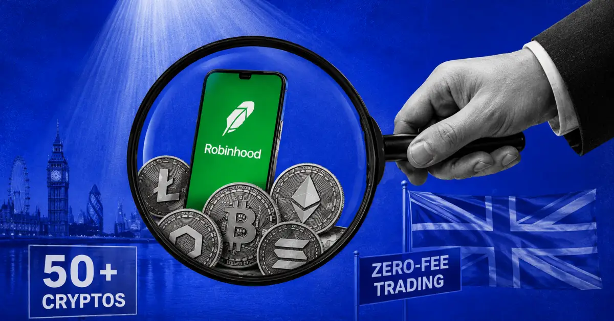 Magnifying glass on Robinhood phone and crypto coins with UK flag background.