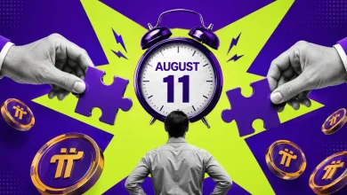 Man facing alarm clock set to August 11 with Pi coins and puzzle pieces.