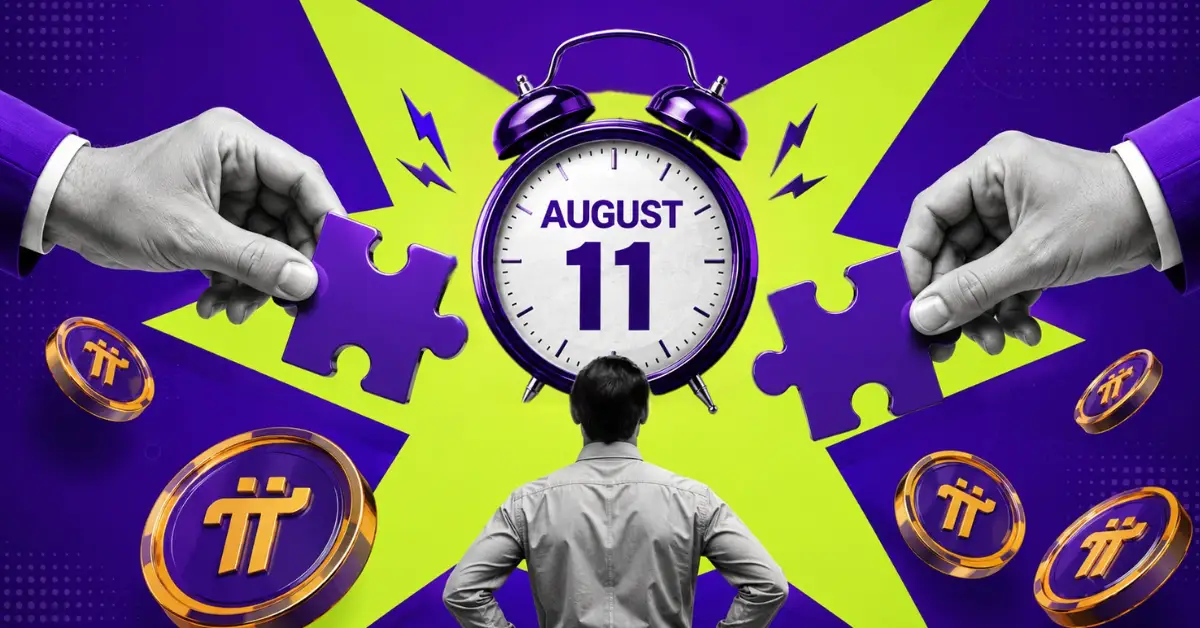 Man facing alarm clock set to August 11 with Pi coins and puzzle pieces.