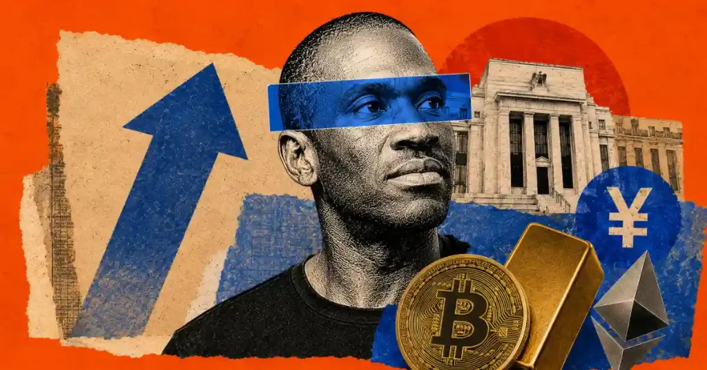 Arthur Hayes alongside Federal Reserve building, yen, gold bar, Bitcoin, and Ether logos.