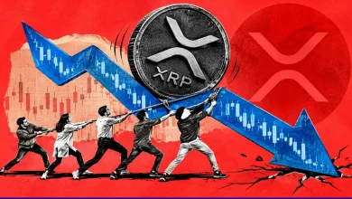 People pulling a downward arrow with an XRP coin rolling on red background.